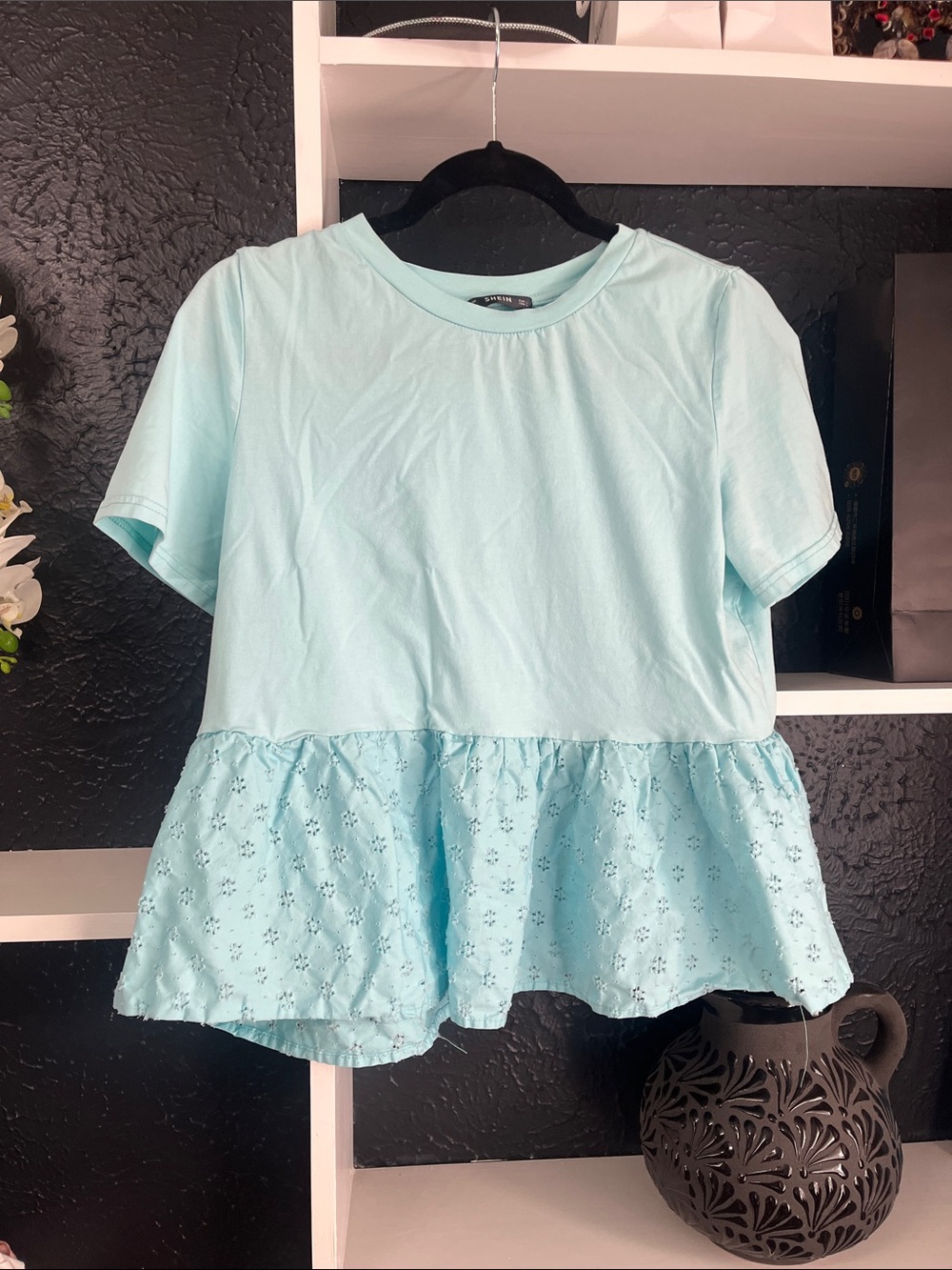 Light Blue Eyelet Peplum Short Sleeve Tee